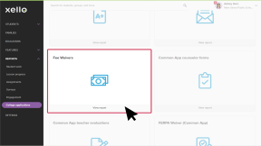 On the College Applications reports page, the cursor is clicking the Fee Waivers card.